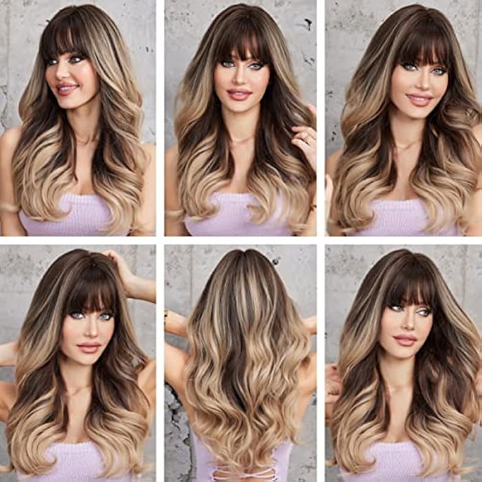 DILLARDS Emmor Long Ombre Gray Blonde Wave Wig With Bangs Dark Roots Curly Wig For Women Synthetic Wig Natural Looking Heat Resistant Fiber Wigs (B09X6Tx5Ym) - Image 1